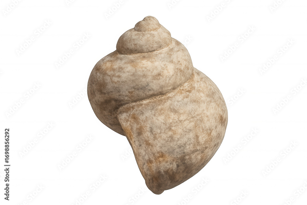 Poster pearlescent seashell displaying intricate spiral symmetry against transparent backdrop