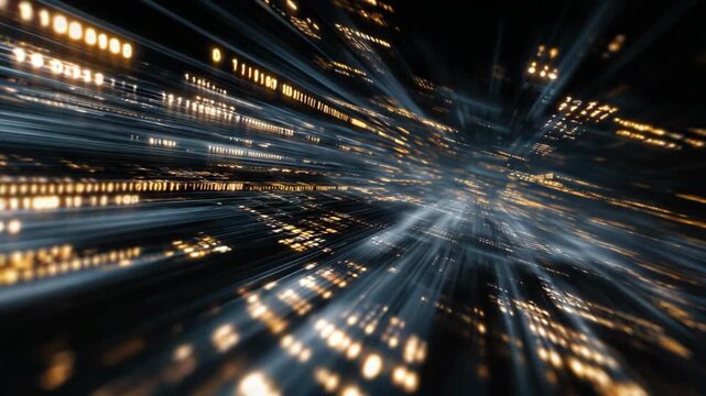 A futuristic cyber verse data tunnel with glowing gold neon lights and flowing numbers in dark space, symbolizing digital networks, virtual reality, and high-tech connectivity.