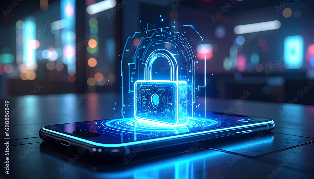 Poster digital fortress: a glowing digital padlock levitates over a smartphone, signifying data security an