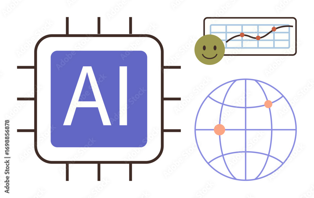 Poster ai chip with grid lines, geometric globe with points, smiling emotion, and performance chart. ideal 
