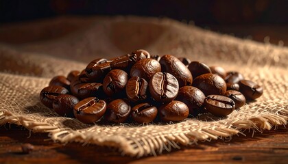 A close-up view of a rich pile of roasted coffee beans resting on a natural burlap cloth, highlighting the deep brown tones and intricate details of the individual beans.