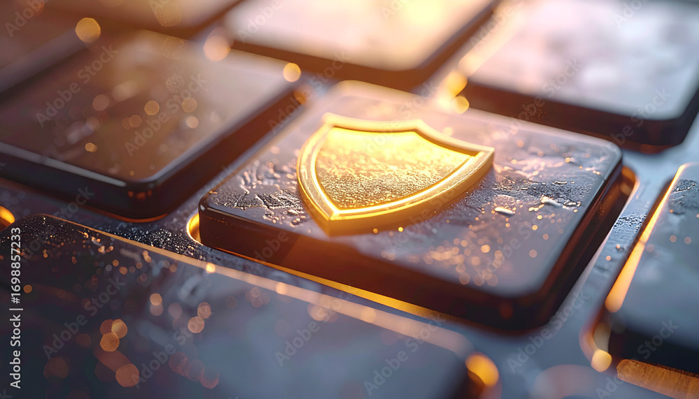 Poster cybersecurity key: a close-up view of a keyboard with a gold shield symbol, symbolizing security, da