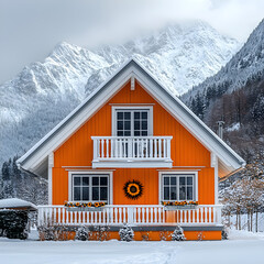 Cozy orange alpine chalet nestled in a snowy mountain landscape with a wreath on the door