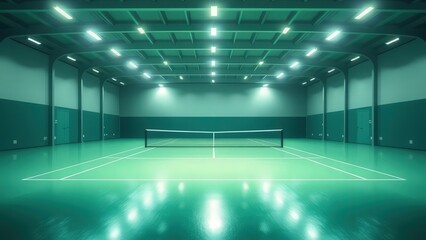 A modern indoor tennis court featuring a polished green surface and bright overhead lighting.