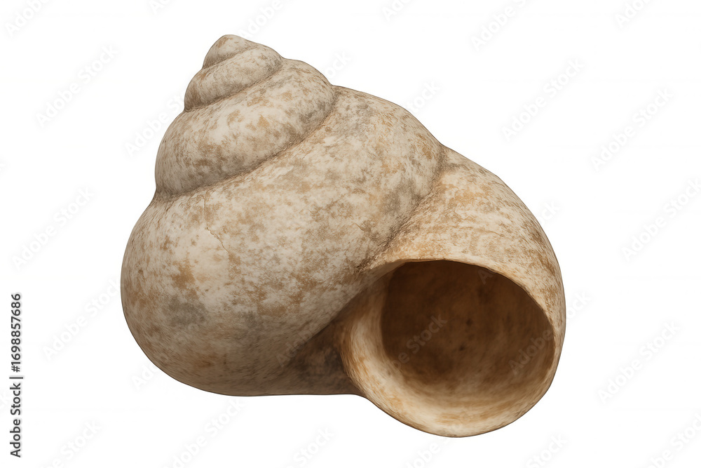 Poster close-up of an empty, light brown seashell with a spiral structure, isolated on a transparent backgr