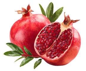 Vibrant fresh whole and halved pomegranate with green leaves isolated on a white background