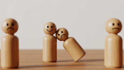 Wooden figures express joy and sadness, depicting connection and empathy concepts perfectly