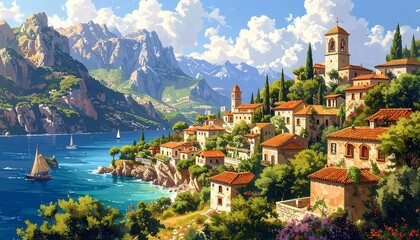 A picturesque coastal village nestled amongst lush hillsides, bathed in sunlight and framed by majestic mountains.