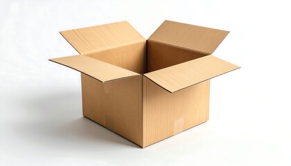An open cardboard box rests on a plain white surface.