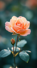 Delicate peach rose bloom with unopened bud and dark green leaves against a soft bokeh background