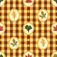Preppy autumn leaves in lace frame seamless pattern on square background textile, clothes, wallpaper