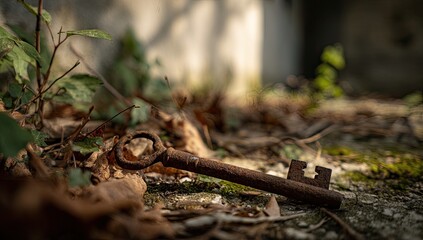 Fototapeta premium An aged, rusty key rests on the ground amongst fallen leaves and moss. Sunlight filters through the foliage