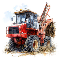 Red agricultural combine harvester with large tires harvesting sugarcane in a field with straw debris