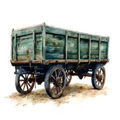 Vintage wooden farm wagon with weathered green paint and spoked wheels on a dirt ground