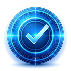 Blue checkmark icon, futuristic interface