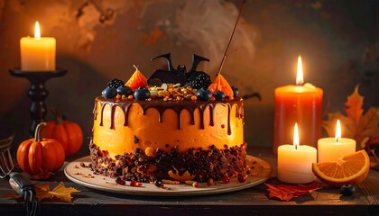 An ornate Halloween-themed cake, decorated with chocolate and orange icing, topped with decorative elements, sits on a plate amongst autumnal candles.