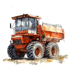 Watercolor painting of a large rugged orange mining dump truck with oversized tires on a white background