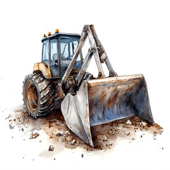 Detailed watercolor painting of a blue backhoe loader with a full bucket of dirt on a white background