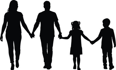 Silhouette of loving family holding hands walking together, parents with son and daughter, symbolizing unity, love, and strong family bonds outdoors.
