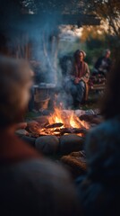Campfire gathering friends and family camping outdoor adventure bonfire night time recreation activity