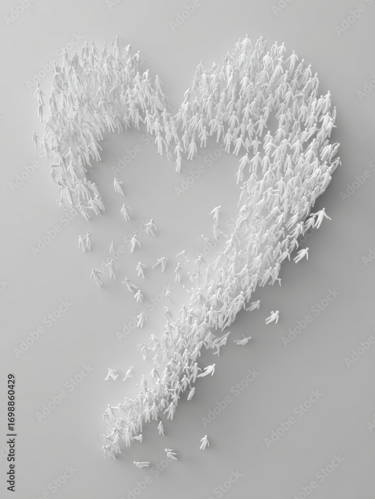 Poster Crowd of Miniature Figures Forming a Heart Shape Against a Gray Background in a Creative Display of Unity and Affection