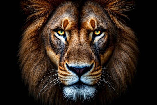 Fierce lion face with glowing golden eyes and vivid fur details, digital art style on dark background, symbolizing strength and wild nature concept. Ai generative - Powered by Adobe
