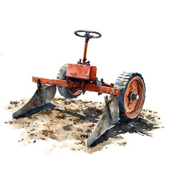Vintage orange tractor with plow attachment digging into dry soil and dirt with textured ground and white background