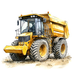 Detailed watercolor illustration of a large yellow articulated dump truck with massive tires on a construction site