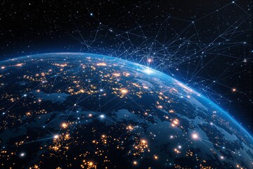 Earth from space showing glowing city lights, futuristic digital network lines and nodes, cosmic background, concept of global communication, Ai generative