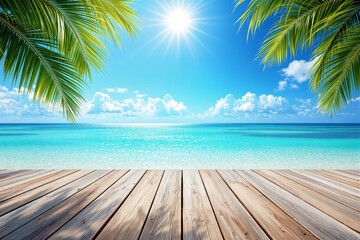 Wooden boardwalk facing bright tropical sea with sunlit sky and palm leaves, digital art style on clear background, concept of summer vacation. Ai generative