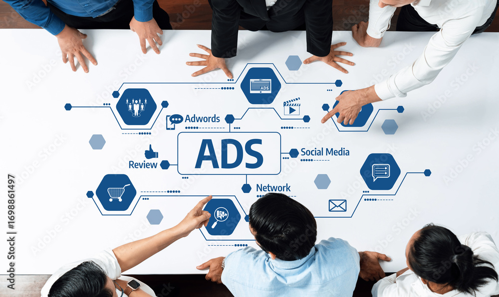 Poster diverse teams collaborate in a modern office setting, focusing on digital marketing strategies inclu