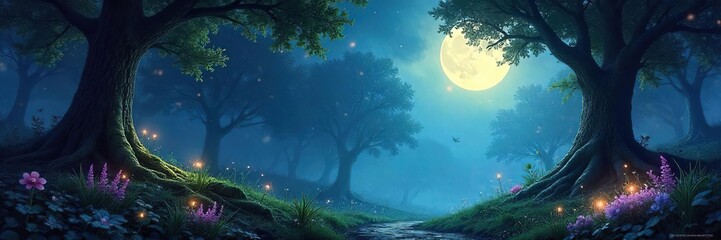 Enchanted forest bathed in ethereal moonlight, glowing flora and mystical creatures subtly woven into the scene  Perfect for fantasy, fairytale, and magical realism projects ,  backdrop,  fantasy