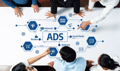 Diverse teams collaborate in a modern office setting, focusing on digital marketing strategies including ADS and social media, analyzing data and sharing insights effectively. Amity