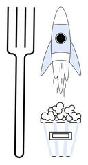 Rocket with trail rising near popcorn bucket and fork. Ideal for innovation, food industry, entertainment, creativity, startup, cinema, minimalism. Simple flat metaphor