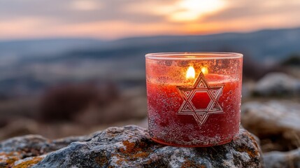A burning candle with a Star of David on it stands on a rock. Pray for Israel