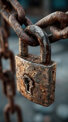 Rusty padlock secured by a heavy chain resting against an industrial background at an outdoor location