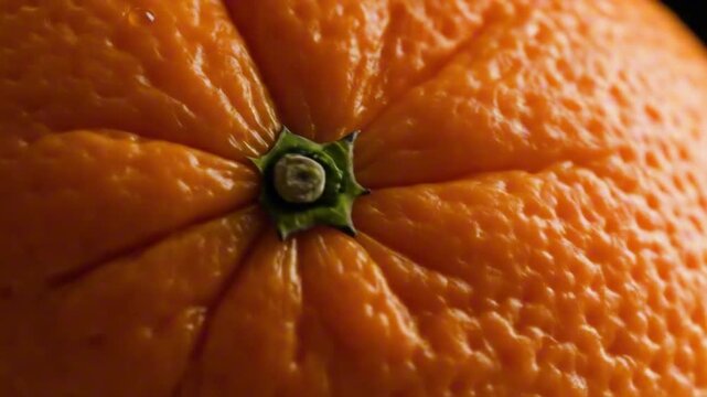 Closeup of an orange focusing on its stem and textured skin