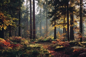 Obraz premium Autumnal forest path bathed in soft sunlight