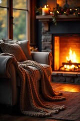 Cozy autumn evening scene featuring a plush couch draped with a warm knit throw blanket, perfect for relaxing by a fireplace , cozy, serenity