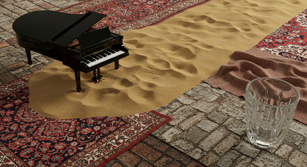 Surreal scene of a grand piano emerging from sand dunes on a Persian rug with a cobblestone floor and a glass of water