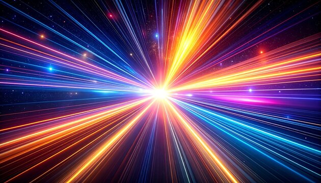 Bright, vibrant radial light bursts through space