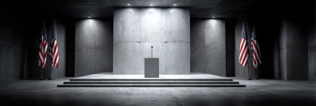 Podium set up for a formal event with American flags in a modern, minimalist venue