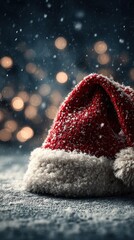 Warm holiday spirit captured in a snowy scene featuring a classic red Santa hat with soft white trim against a festive background