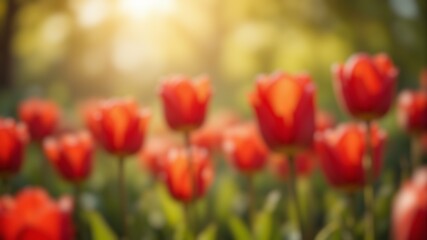 Obraz premium Red tulips foreground with creamy blur background and sunlight bokeh.