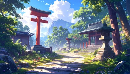 A serene, sunlit path winds through a peaceful Japanese-style garden, featuring traditional structures and lush greenery.