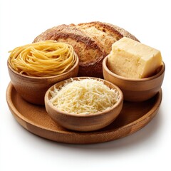 Wooden bowls holding pasta, bread, and cheese on a round tray