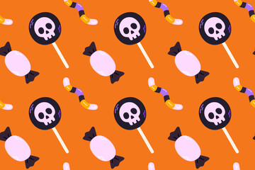 Seamless halloween candy pattern with lollipops and wrapped sweets