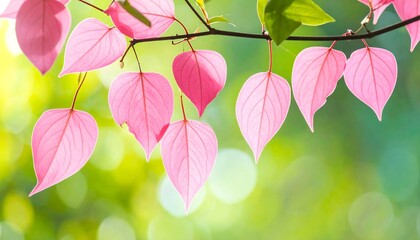 Delicate pink leaves hang gracefully from a branch, bathed in soft sunlight, against a blurred backdrop of vibrant greens and yellows.
