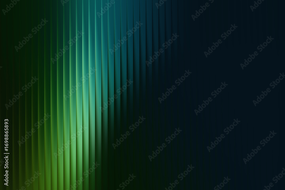 Poster abstract vertical ribbed texture with a gradient of green and blue light on a dark background, repre