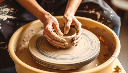 Hands shaping clay on pottery wheel; process in progress